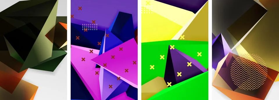 Trendy low poly 3d triangle shapes and other geometric elements background Illustrazione stock