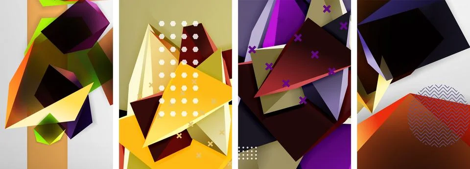 Trendy low poly 3d triangle shapes and other geometric elements background Stock Illustration