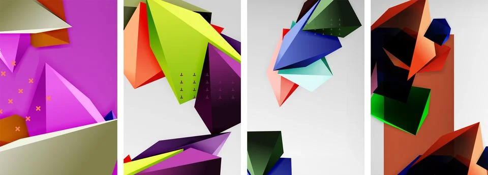 Trendy low poly 3d triangle shapes and other geometric elements background Stockillustratie