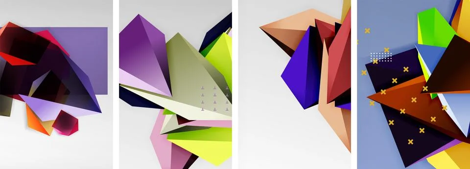 Trendy low poly 3d triangle shapes and other geometric elements background Stock Illustration