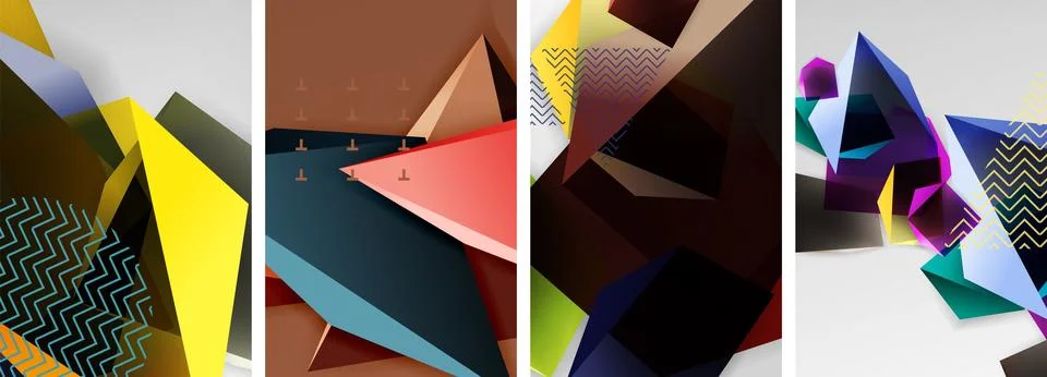Trendy low poly 3d triangle shapes and other geometric elements background Stock Illustration