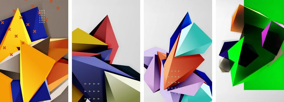 Trendy low poly 3d triangle shapes and other geometric elements background Illustrazione stock
