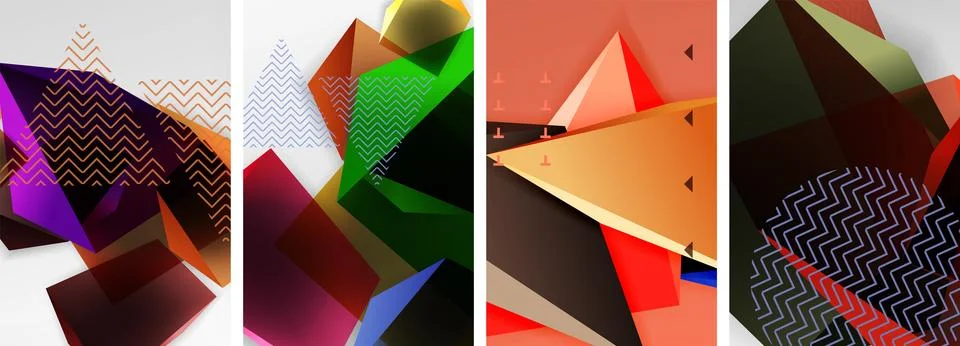 Trendy low poly 3d triangle shapes and other geometric elements background Stock Illustration