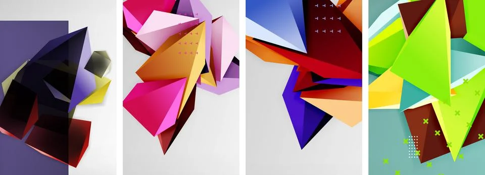 Trendy low poly 3d triangle shapes and other geometric elements background Stockillustratie