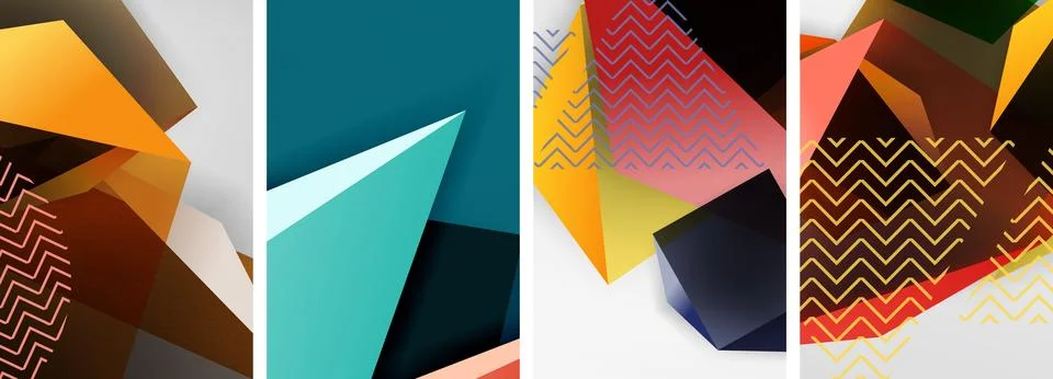 Trendy low poly 3d triangle shapes and other geometric elements background Stockillustratie