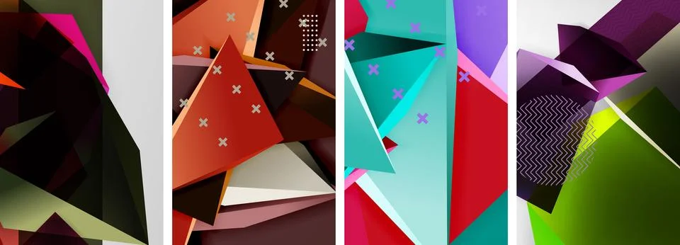 Trendy low poly 3d triangle shapes and other geometric elements background Illustrazione stock