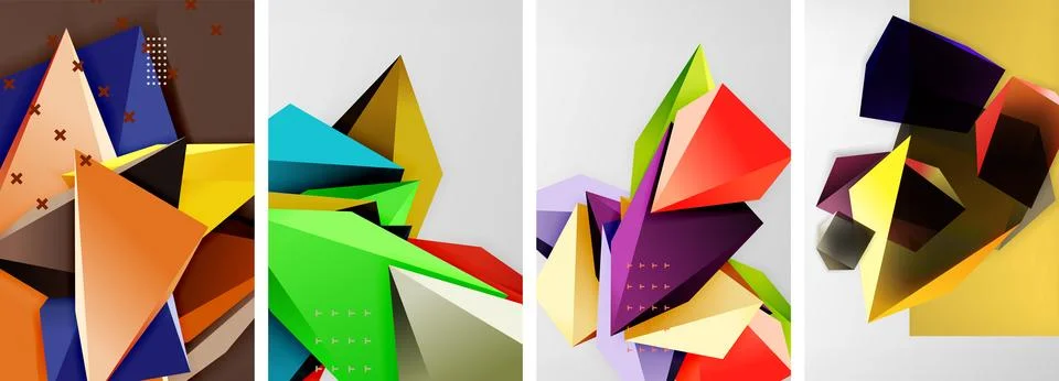 Trendy low poly 3d triangle shapes and other geometric elements background Illustrazione stock