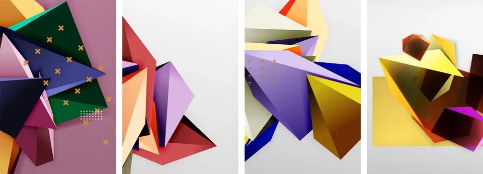 Trendy low poly 3d triangle shapes and other geometric elements background Stock Illustration