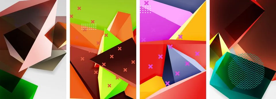 Trendy low poly 3d triangle shapes and other geometric elements background Stock Illustration