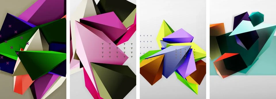 Trendy low poly 3d triangle shapes and other geometric elements background Stock Illustration