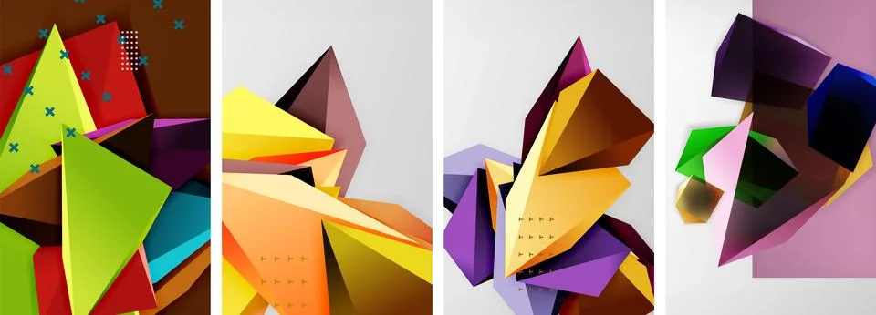 Trendy low poly 3d triangle shapes and other geometric elements background Illustrazione stock