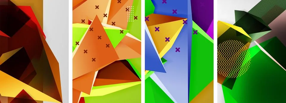Trendy low poly 3d triangle shapes and other geometric elements background Stock Illustration