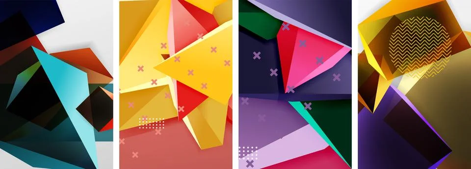 Trendy low poly 3d triangle shapes and other geometric elements background Stock Illustration