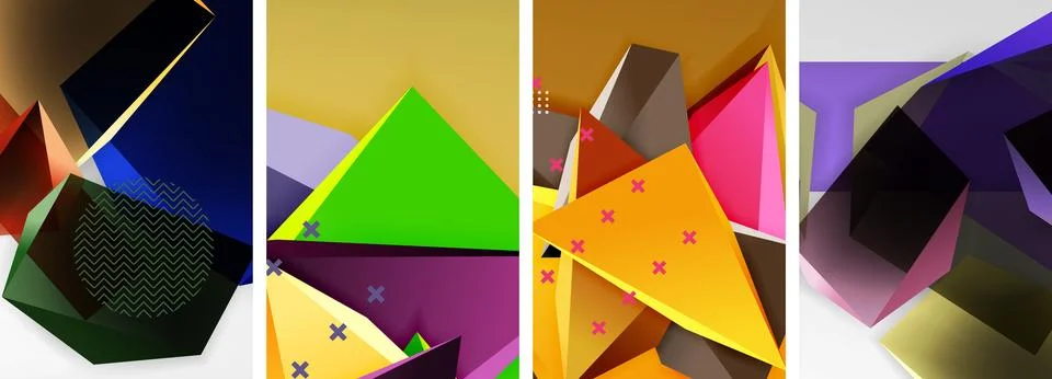 Trendy low poly 3d triangle shapes and other geometric elements background Illustrazione stock