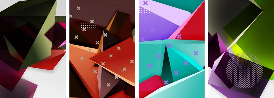Trendy low poly 3d triangle shapes and other geometric elements background Stock Illustration