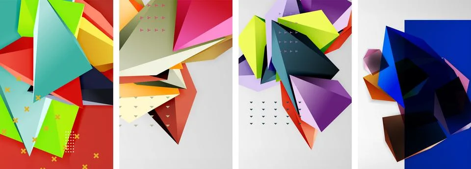 Trendy low poly 3d triangle shapes and other geometric elements background Stock Illustration