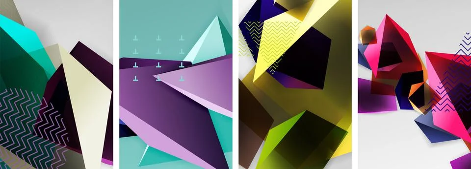 Trendy low poly 3d triangle shapes and other geometric elements background Stock Illustration