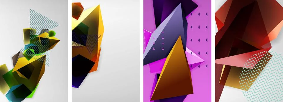 Trendy low poly 3d triangle shapes and other geometric elements background Illustrazione stock