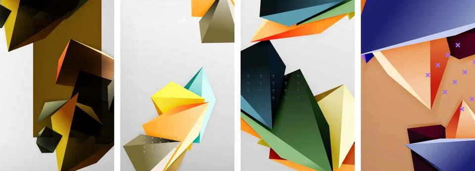 Trendy low poly 3d triangle shapes and other geometric elements background Stock Illustration