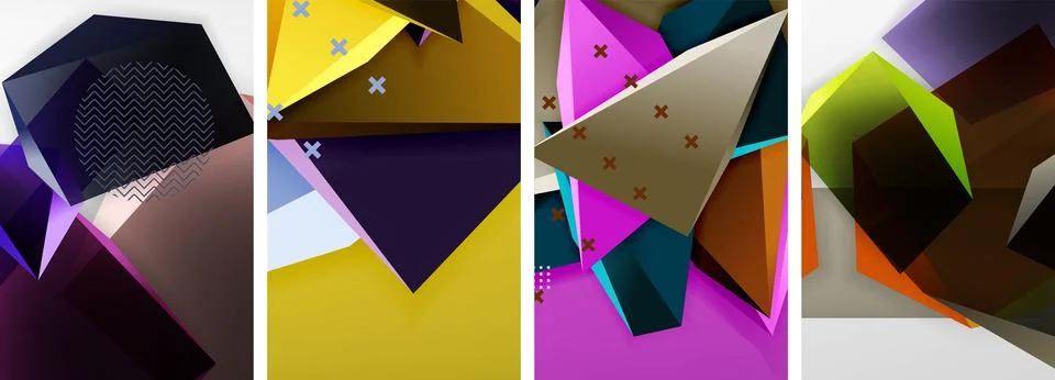 Trendy low poly 3d triangle shapes and other geometric elements background Illustrazione stock