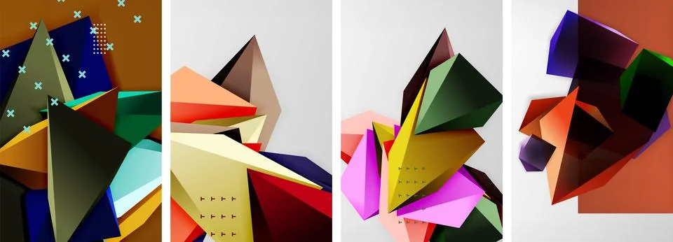 Trendy low poly 3d triangle shapes and other geometric elements background Stock Illustration