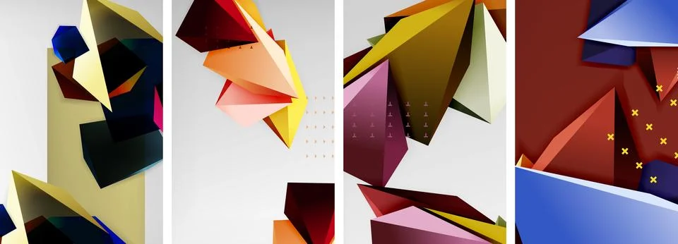 Trendy low poly 3d triangle shapes and other geometric elements background Stock Illustration