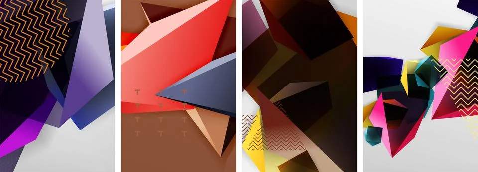 Trendy low poly 3d triangle shapes and other geometric elements background Stockillustratie
