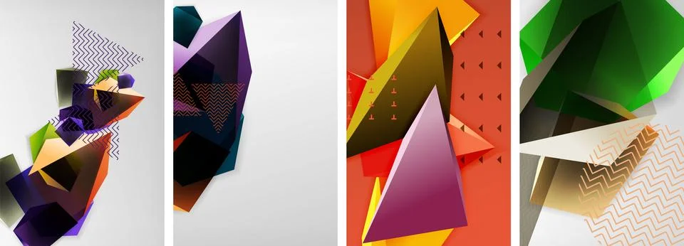 Trendy low poly 3d triangle shapes and other geometric elements background Stock Illustration