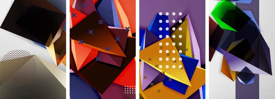 Trendy low poly 3d triangle shapes and other geometric elements background Stockillustratie