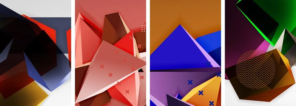 Trendy low poly 3d triangle shapes and other geometric elements background Stock Illustration