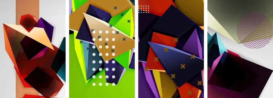 Trendy low poly 3d triangle shapes and other geometric elements background Stock Illustration