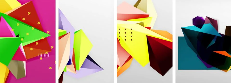Trendy low poly 3d triangle shapes and other geometric elements background Stockillustratie