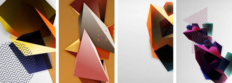 Trendy low poly 3d triangle shapes and other geometric elements background Stock Illustration