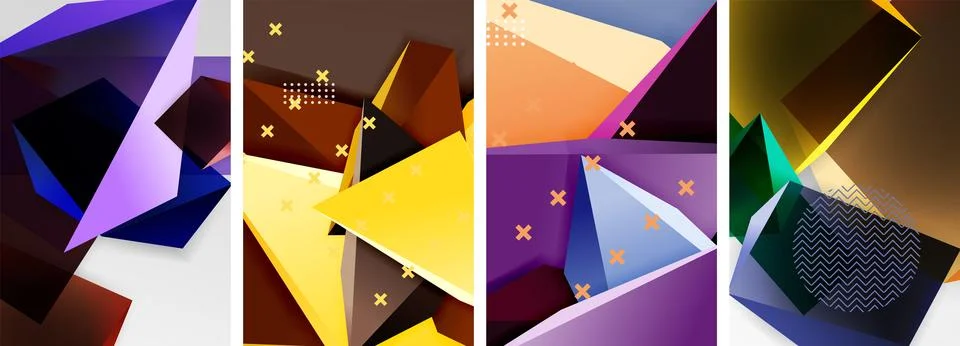 Trendy low poly 3d triangle shapes and other geometric elements background Illustrazione stock