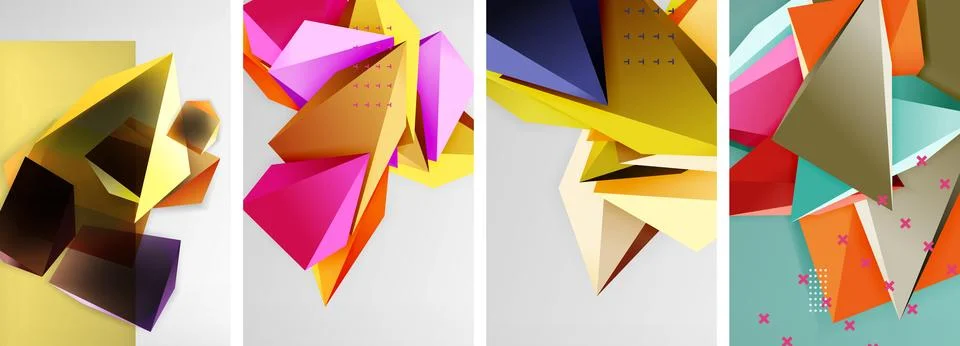 Trendy low poly 3d triangle shapes and other geometric elements background Stock Illustration