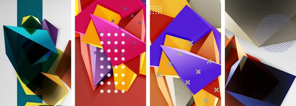 Trendy low poly 3d triangle shapes and other geometric elements background Stock Illustration