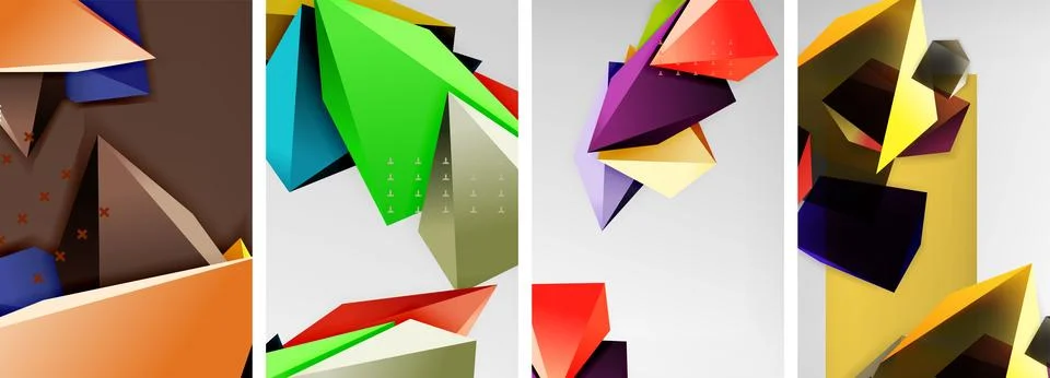Trendy low poly 3d triangle shapes and other geometric elements background Stock Illustration