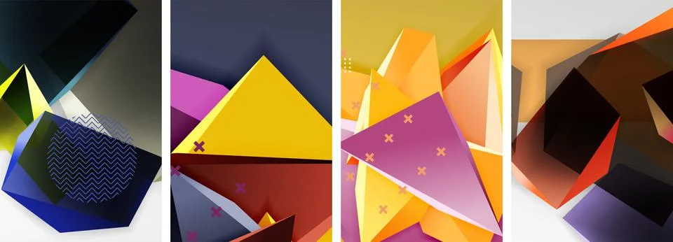Trendy low poly 3d triangle shapes and other geometric elements background Illustrazione stock