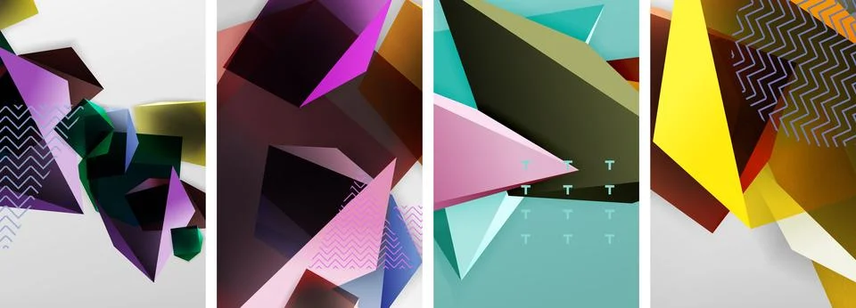 Trendy low poly 3d triangle shapes and other geometric elements background Illustrazione stock