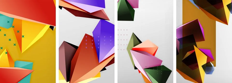 Trendy low poly 3d triangle shapes and other geometric elements background Stock Illustration
