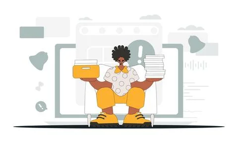 A trendy man holds stacks of documents in his hands. Graphic illustration o.. Stock Illustration
