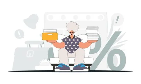 A trendy man holds stacks of documents in his hands. An illustration demons.. Stock Illustration