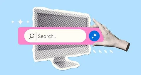 Trendy minimalistic Halftone effect Computer laptop with hand holding a Search Stock Illustration