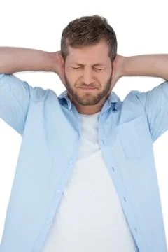 Trendy model having a painful neck and closing eyes Stock Photos
