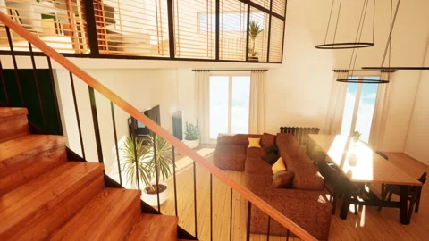 Trendy modern design two-level apartment with large high windows. The stylish Stock Footage 243310449