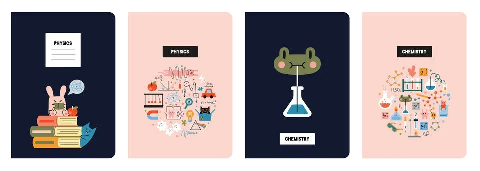 Trendy notebook covers set, vector illustration. Studying science at school.. Stock Illustration