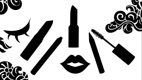 Trendy pattern with lipsticks, eye shadows, and pencils Stock Footage 308055802