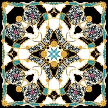 Trendy print with golden chains, belts and leopard. Seamless pattern with vintag Illustrazione stock