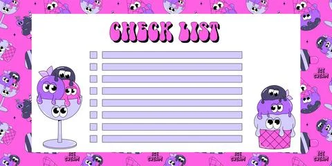 Trendy psychedelic check list with ice cream with funky faces. Cute charact.. Stock Illustration