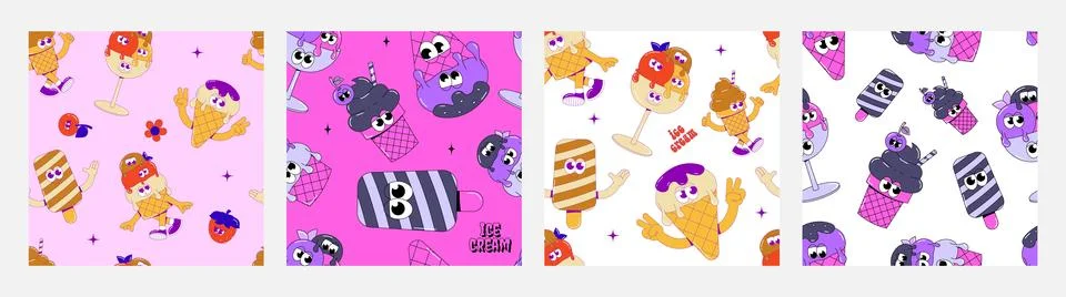 Trendy psychedelic set seamless pattern ice cream with funky faces. Cute ch.. Illustrazione stock